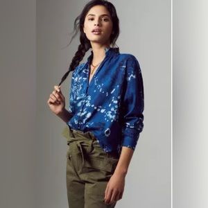 Anthropologie Gently Worn Ruffled Collar Batik Print Button Down Size Medium